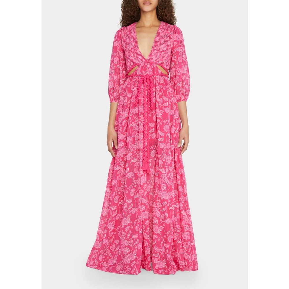 Miguelina Farrah Floral Cutout Maxi Dress SMALL Pink Smocked V-Neck Puff Sleeve